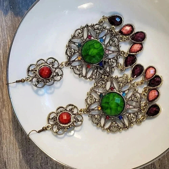 Vintage Neo Victorian Glam Long Faux Stone Dangle Earrings - Picture 3 of 9